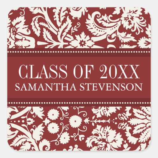 Sticker Carré Red White Damask Graduation Custom Nom de l'année (Devant)
