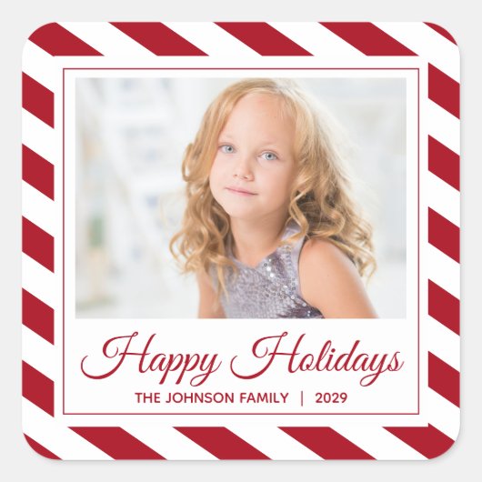 Sticker Carré Red White Stripe Happy Holidays Photo (Devant)
