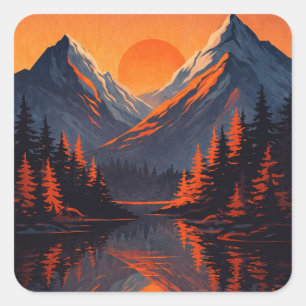 Sticker Carré Reflet de coucher de soleil de montagne sur un cie