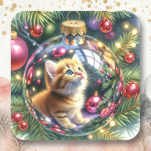 Sticker Carré Réflexion de Kitten dans un ornement de Noël