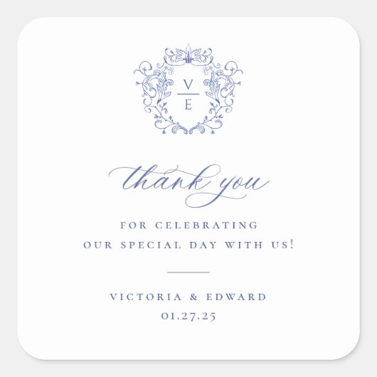 Sticker Carré Regency Blue Crest Monogramme Mariage Merci (Devant)