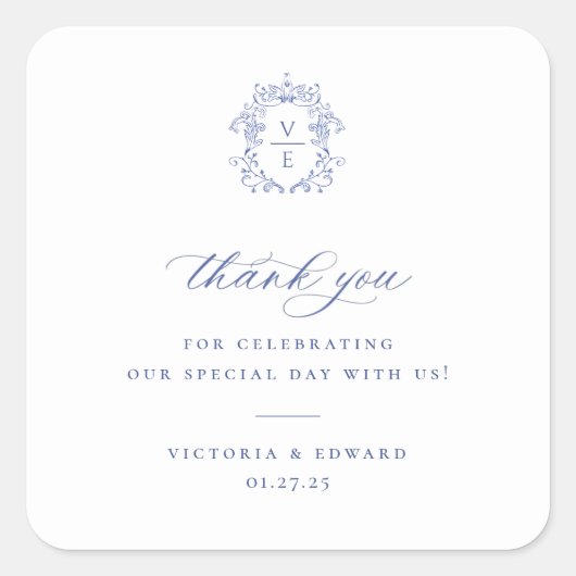 Sticker Carré Regency Blue Crest Monogramme Mariage Merci (Devant)