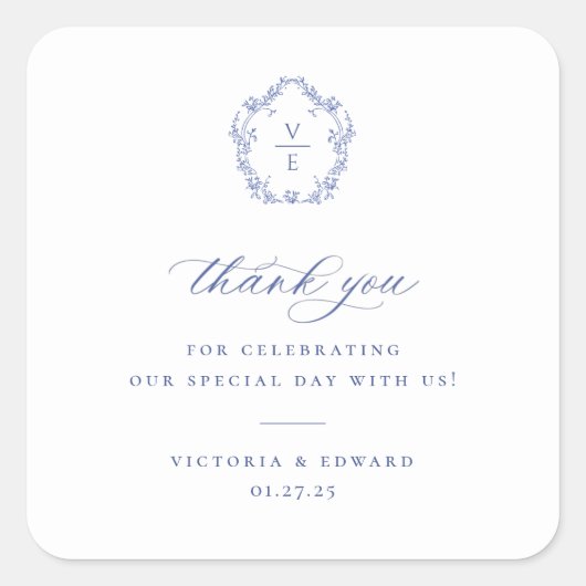Sticker Carré Regency Blue Crest Monogramme Mariage Merci (Devant)
