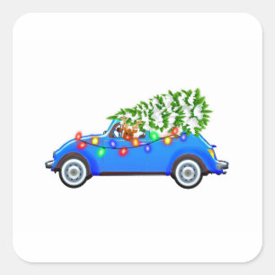 Sticker Carré Reindeer driving a beetle with christmas treeb