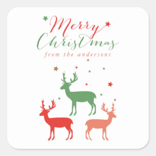 Sticker Carré Reindees Rouge et Vert Joyeux Noël