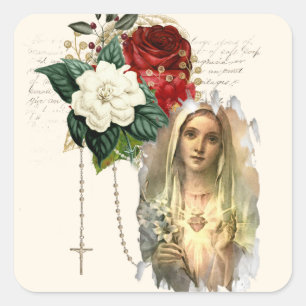 Sticker Carré Religieuse Vierge Marie Roses Élégant Coeur Vint