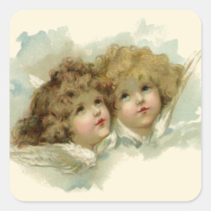 Sticker Carré Religion Vintage, Anges Victoriennes dans les Nuag