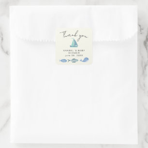 Sticker Carré Remerciement Baby Shower Bleu Nautique Aquarelle