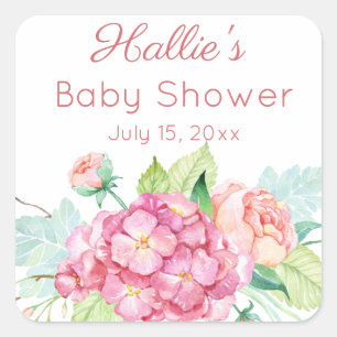 Sticker Carré Remerciement Baby Shower pour hortensia rose et pi