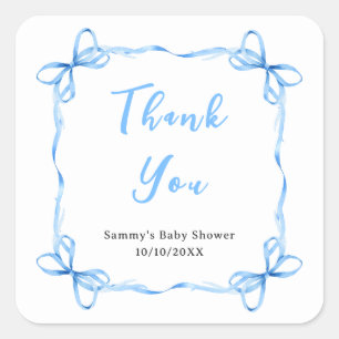 Sticker Carré Remerciement Baby Shower Ruban Coquette Bleu