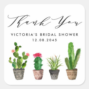 Sticker Carré Remerciement Bohème de Fête de Mariage avec Cactus