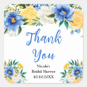 Sticker Carré Remerciement de Baby Shower Mariage Floral Bleu et