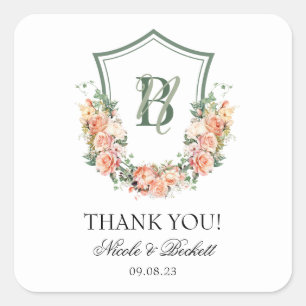 Sticker Carré Remerciement de mariage au motif floral de pêche