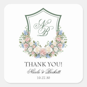 Sticker Carré Remerciement de mariage avec blason floral bleu po