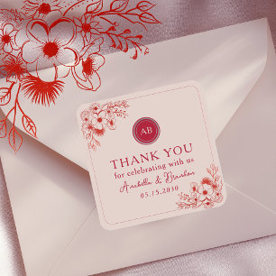 Sticker Carré Remerciement de mariage floral rouge rose