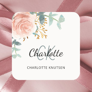 Sticker Carré Remerciement floral rose or verdure
