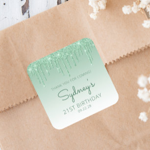 Sticker Carré Remerciement pour 21e anniversaire Green Glitter D