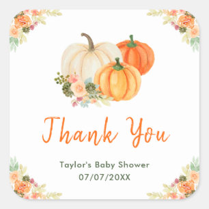 Sticker Carré Remerciement pour Baby Shower Citrouilles Orange e