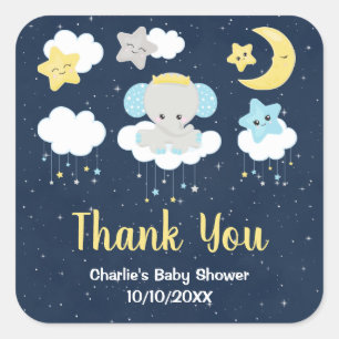 Sticker Carré Remerciement pour Baby Shower Éléphant Jaune et Ma