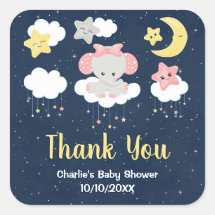 Sticker Carré Remerciement pour Baby Shower Éléphant Rose et Mar