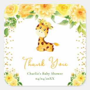 Sticker Carré Remerciement pour Baby Shower Girafe Fleurs Jaunes