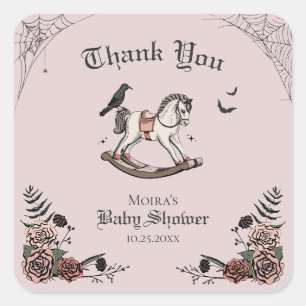 Sticker Carré Remerciement pour Baby Shower Halloween Rose Pâle