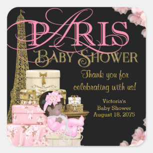 Sticker Carré Remerciement pour Baby Shower Rose Or Noir Paris