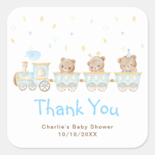 Sticker Carré Remerciement pour Baby Shower Train Bleu Ourson