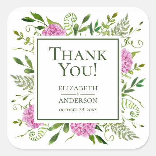 Sticker Carré Remerciements de mariage Hydrangea rose (Devant)