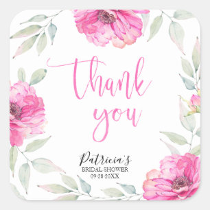 Sticker Carré Remerciements Fête de Mariage Florale Aquarelle Ro