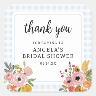 Sticker Carré Remerciements pour Baby Shower Bleu Gingham et Fle
