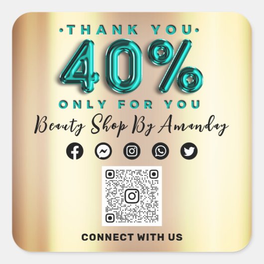 Sticker Carré Remerciements Shopping 40%Off QR CODE Gold Turquoi (Devant)