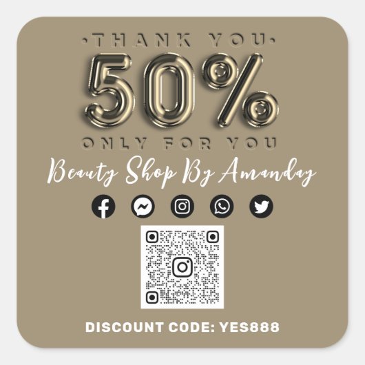 Sticker Carré Remerciements Shopping 50%Off QR CODE Sepia Gold (Devant)