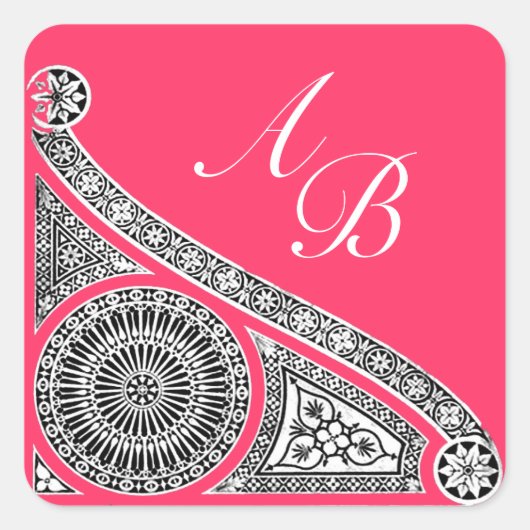 Sticker Carré RENAISSANCE MONOGRAM rose fuchsia noir blanc (Devant)