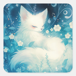 Sticker Carré Renard Arctique Blanc se reposant dans un jardin e