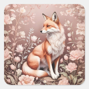 Sticker Carré Renard Avec Flore Rose Rêvé