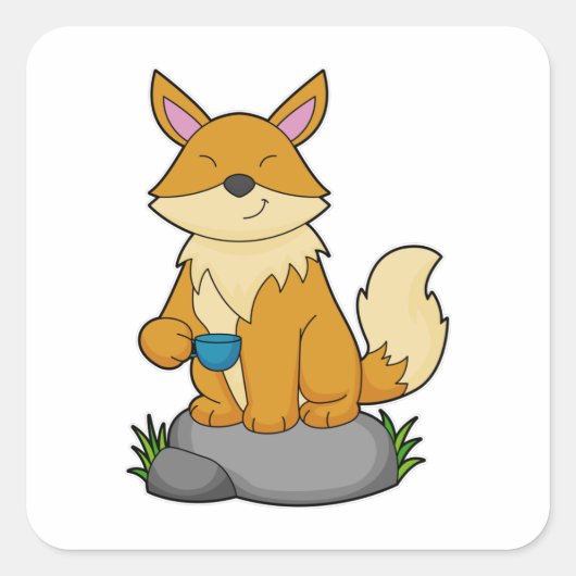 Sticker Carré Renard avec tasse de café (Devant)