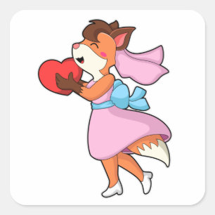 Sticker Carré Renard comme mariée avec robe et coeur