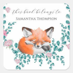Sticker Carré Renard en fleurs - ce livre appartient à