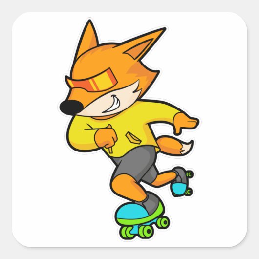 Sticker Carré Renard en patinage avec roulettes (Devant)