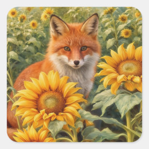 Sticker Carré Renard et tournesols Assez Envoûtant