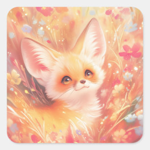 Sticker Carré Renard Fennec Entouré de Fleurs de Coucher de Sole