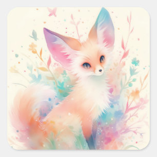Sticker Carré Renard Fennec parmi les fleurs pastel