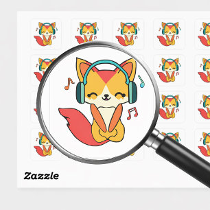 Sticker Carré Renard heureux avec écouteurs en train d'écouter d