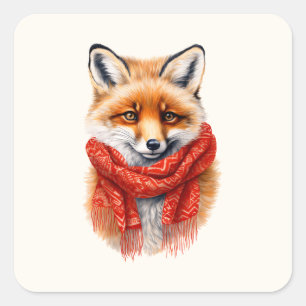 Sticker Carré Renard mignon avec une écharpe rouge Image d'autom