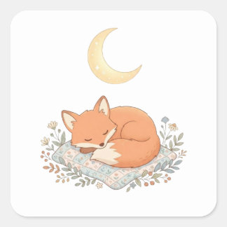 Sticker Carré Renard Mignon Endormi sur Courtepointe sous Lune C