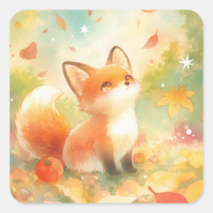 Sticker Carré Renard roux regardant vers le haut des feuilles d'