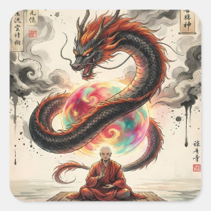 Sticker Carré Rencontre Sérénité : Moine et le Dragon Céleste