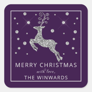 Sticker Carré Renne de Noël violet et argent pailleté pour les f