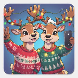 Sticker Carré Renne drôle en selfie avec des pulls de Noël et